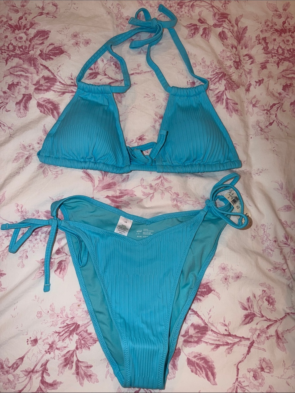 aerie Ribbed Triangle Bikini in Turquoise Blue